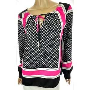 New York & Co Blouse Top Size Small Black White Pink Long Sleeves Polyester
